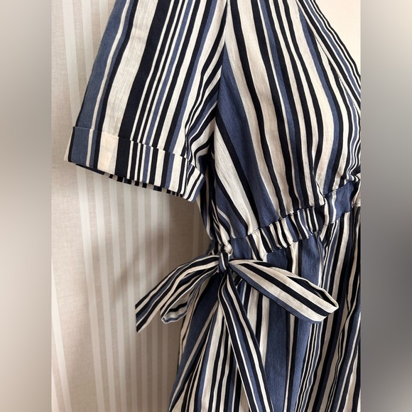 Zara Trafaluc Striped Cotton Linen Blend Deep V-neck Puff Sleeve Dress Large - Picture 4 of 6